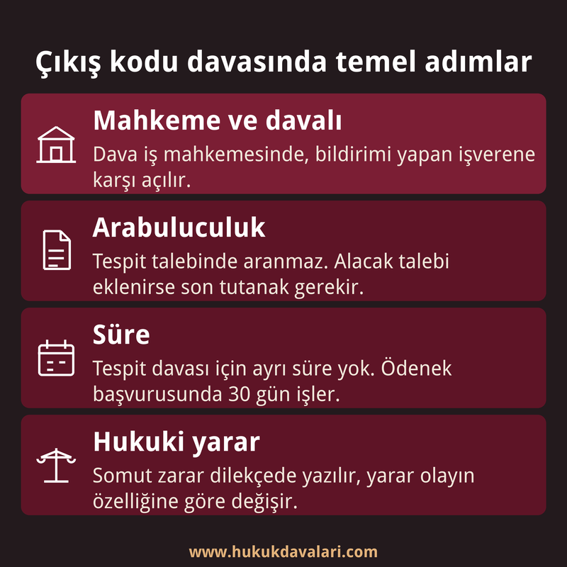 Çıkış kodu değiştirme davasında mahkeme, arabuluculuk, süre ve hukuki yararı dört kutuda özetleyen infografik kart.